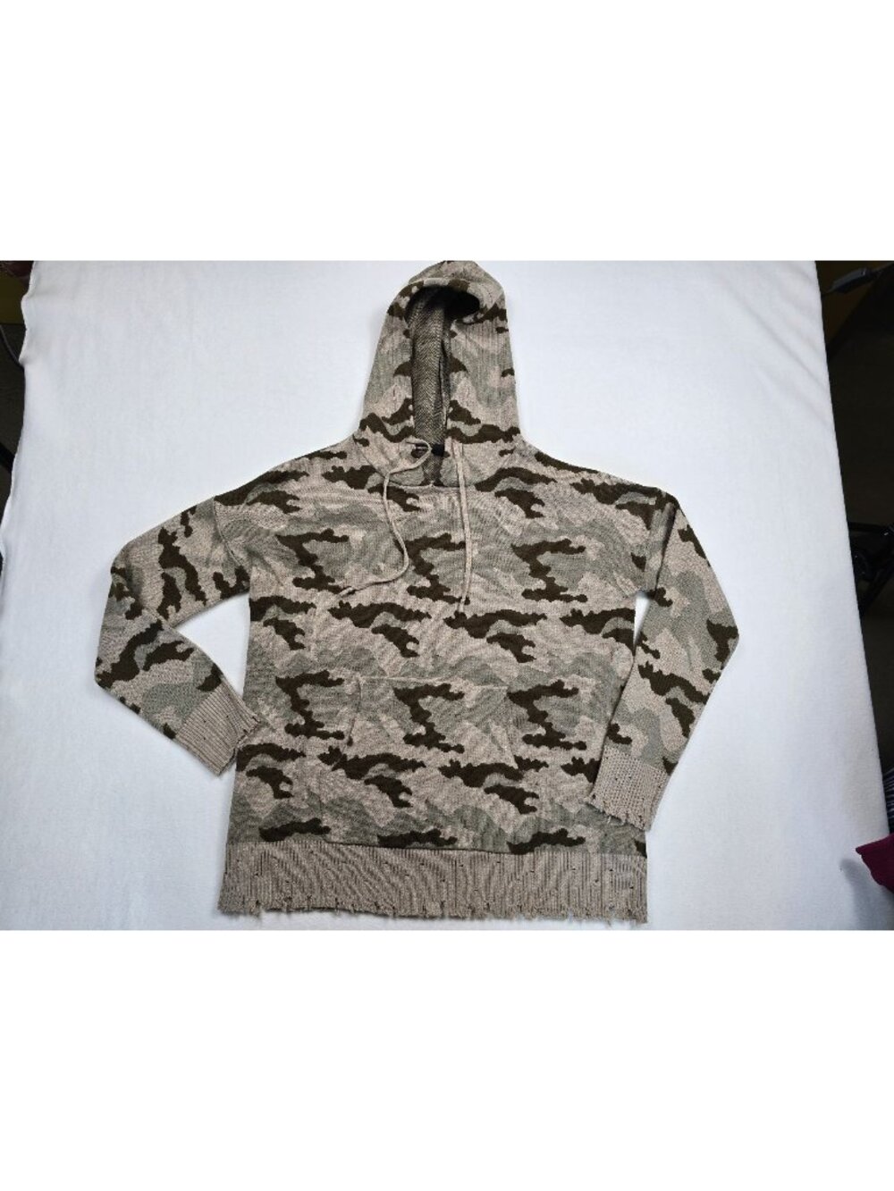 Fate Anthropologie Camo Distressed Knit Hoodie Sweater Small Wool Blend